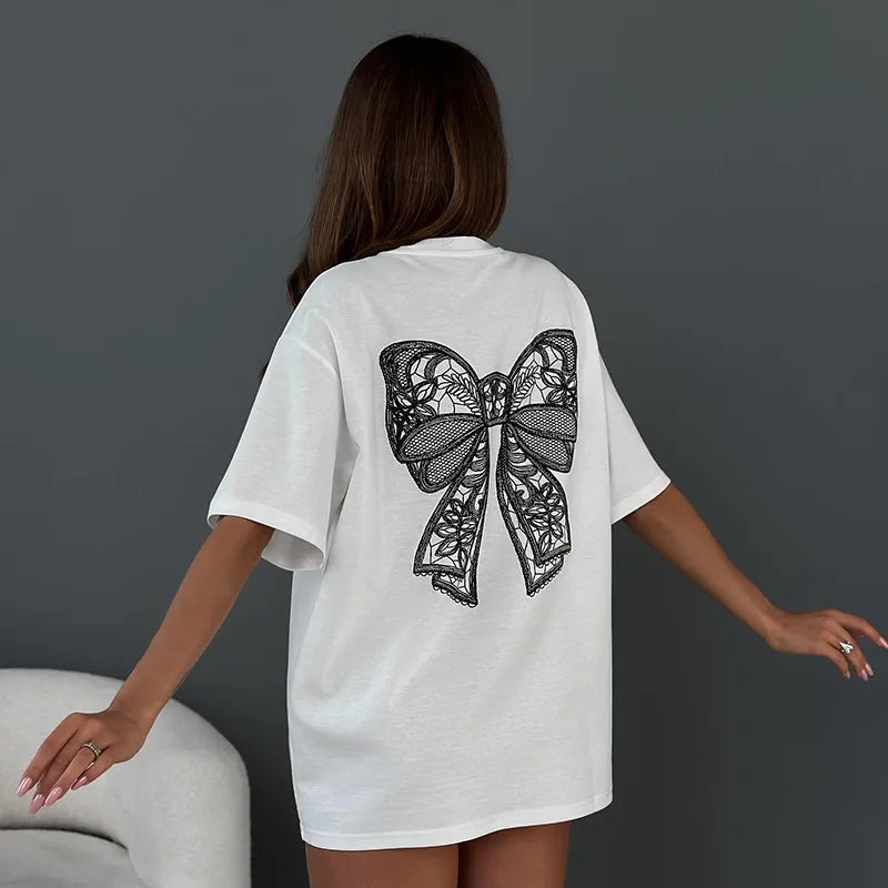 Oversized Bow Tee with Front and Back Bow Details, Crew Neck