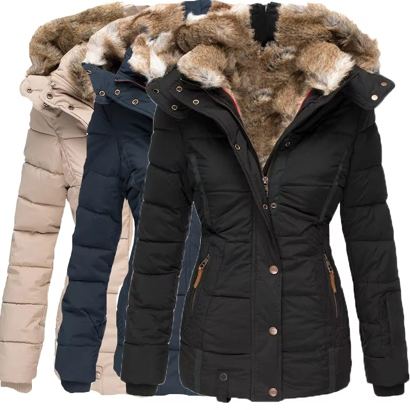 Women's Hooded Parka with Padded Lining and Slim Tailored Fit, Wool-Cotton Windproof Shell
