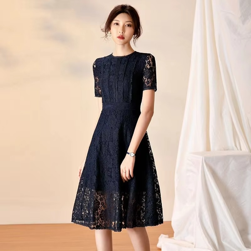 Lace Midi Dress with Hollow Breathable Overlay and Soft Lining, Midcalf Length