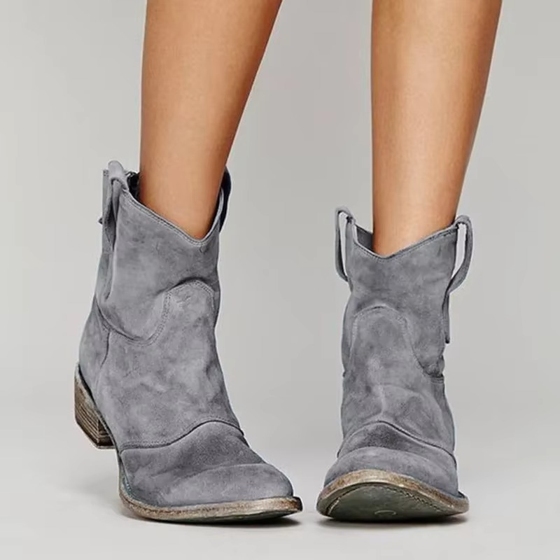 Women's Ankle Boots with Pointed Toe and Low Heel, Slip-On Western Stitching