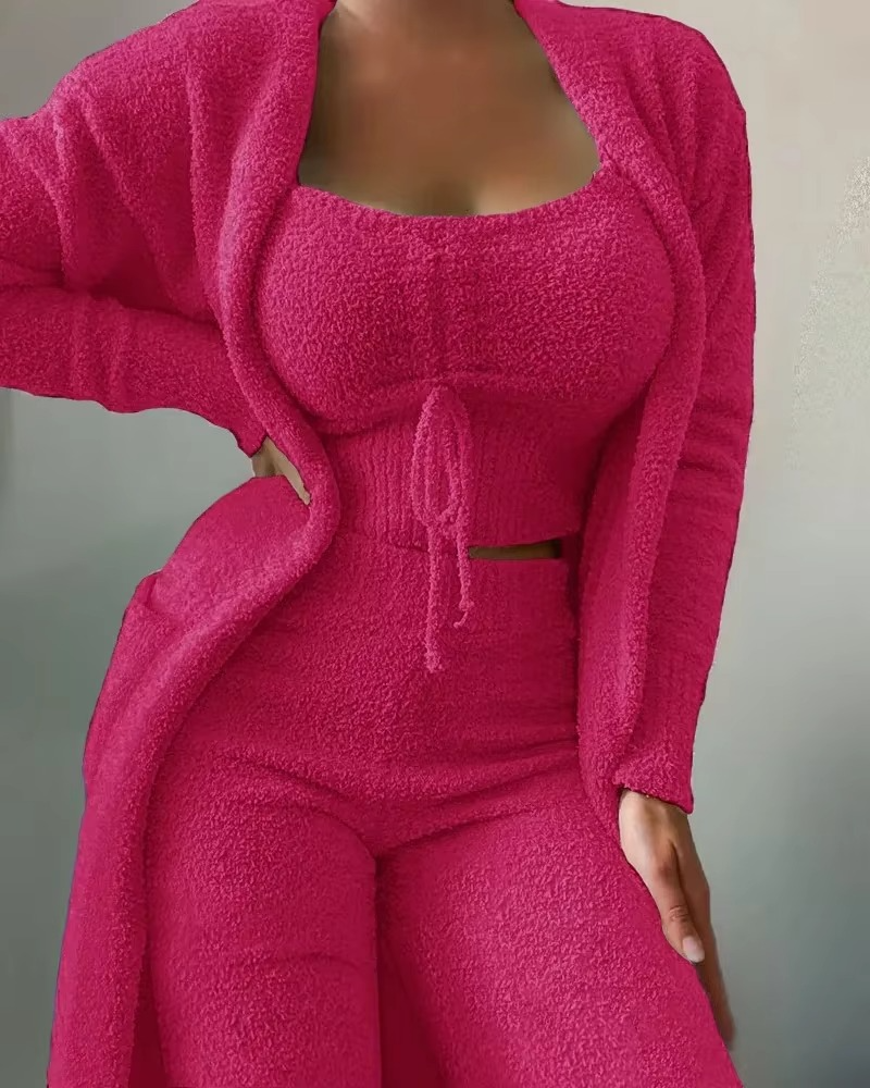 Women's Plush Pajama Set with Open Front Coat and Cropped Top, Elastic Waist Pants