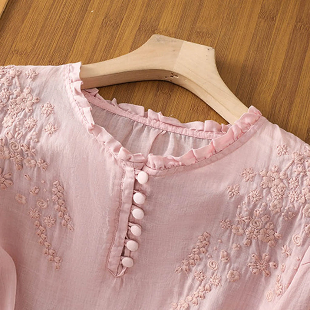 Embroidered Button Down Blouse with Relaxed Drape Fit and Collared Neckline