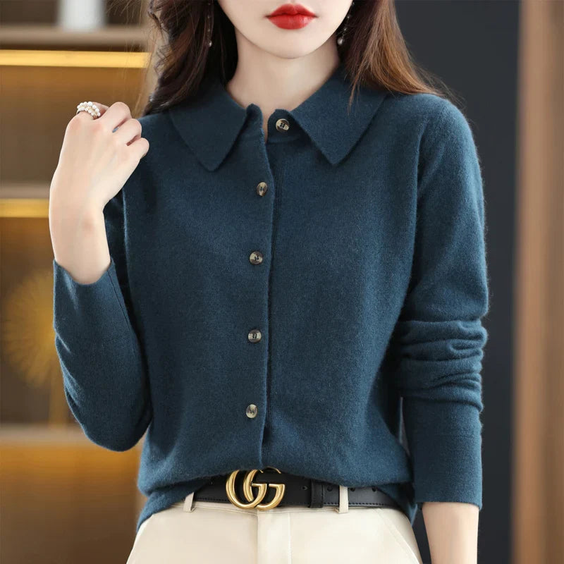 Cashmere Blend Button-Up Sweater with Tailored Fit and Structured Collar