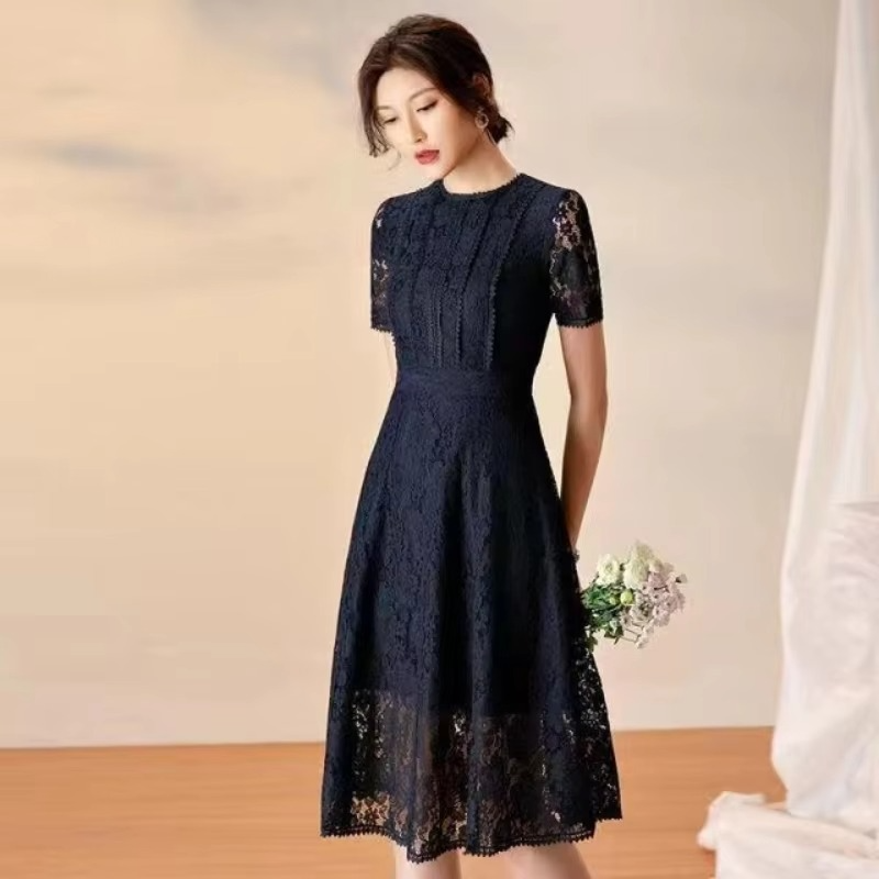 Lace Midi Dress with Hollow Breathable Overlay and Soft Lining, Midcalf Length