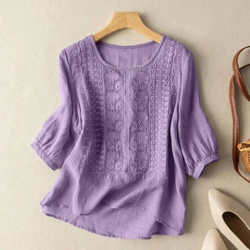 Embroidered Pullover Blouse with Relaxed Fit and Neckline Detail
