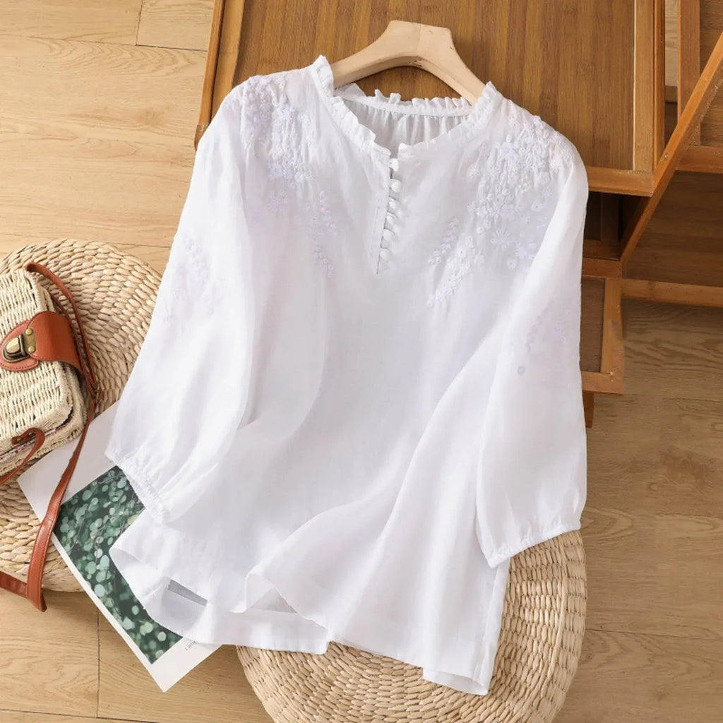 Embroidered Button-Front Blouse with Lightweight Breathable Fabric