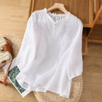 Embroidered Button-Front Blouse with Lightweight Breathable Fabric