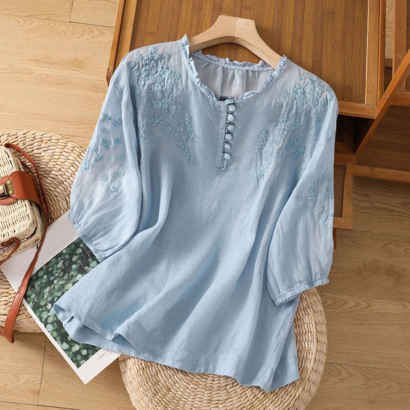 Embroidered Button Down Blouse with Relaxed Drape Fit and Collared Neckline