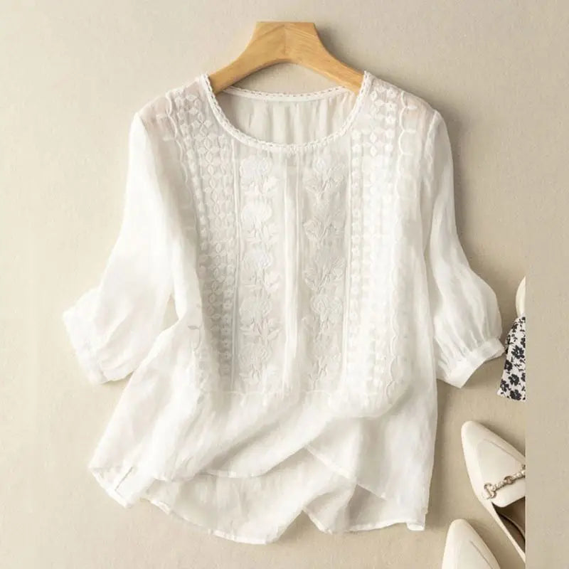 Embroidered Pullover Blouse with Relaxed Fit and Neckline Detail