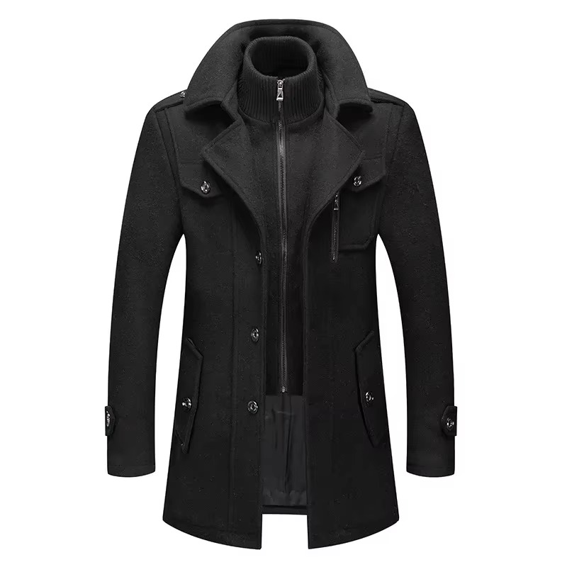 Men's Wool Trench Coat with Double Collar and Zippered Button Closure, Mid-Thigh Lined
