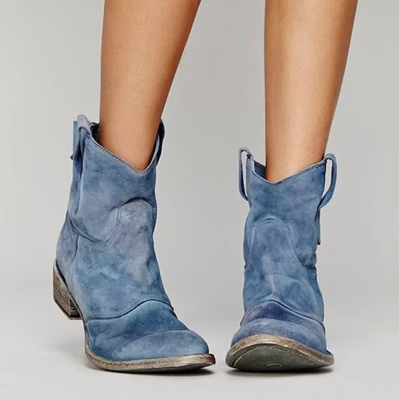 Women's Ankle Boots with Pointed Toe and Low Heel, Slip-On Western Stitching