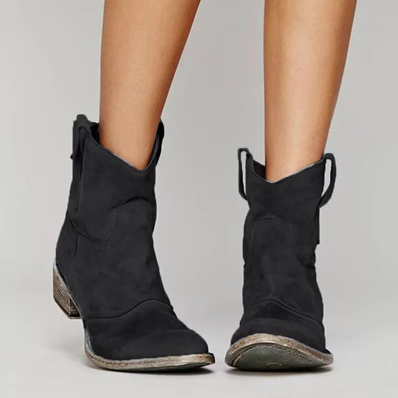 Women's Ankle Boots with Pointed Toe and Low Heel, Slip-On Western Stitching