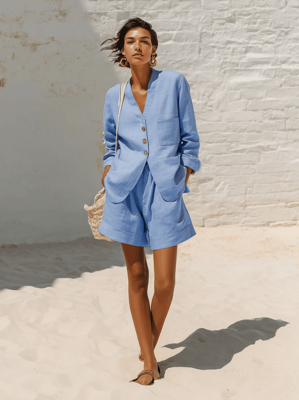 Cotton Linen Two Piece Set with V-Neck Top and Wide Leg Shorts, Blue