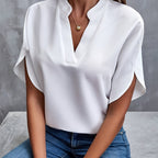 Breathable Linen Blouse with Tulip Sleeves and Notch Neckline