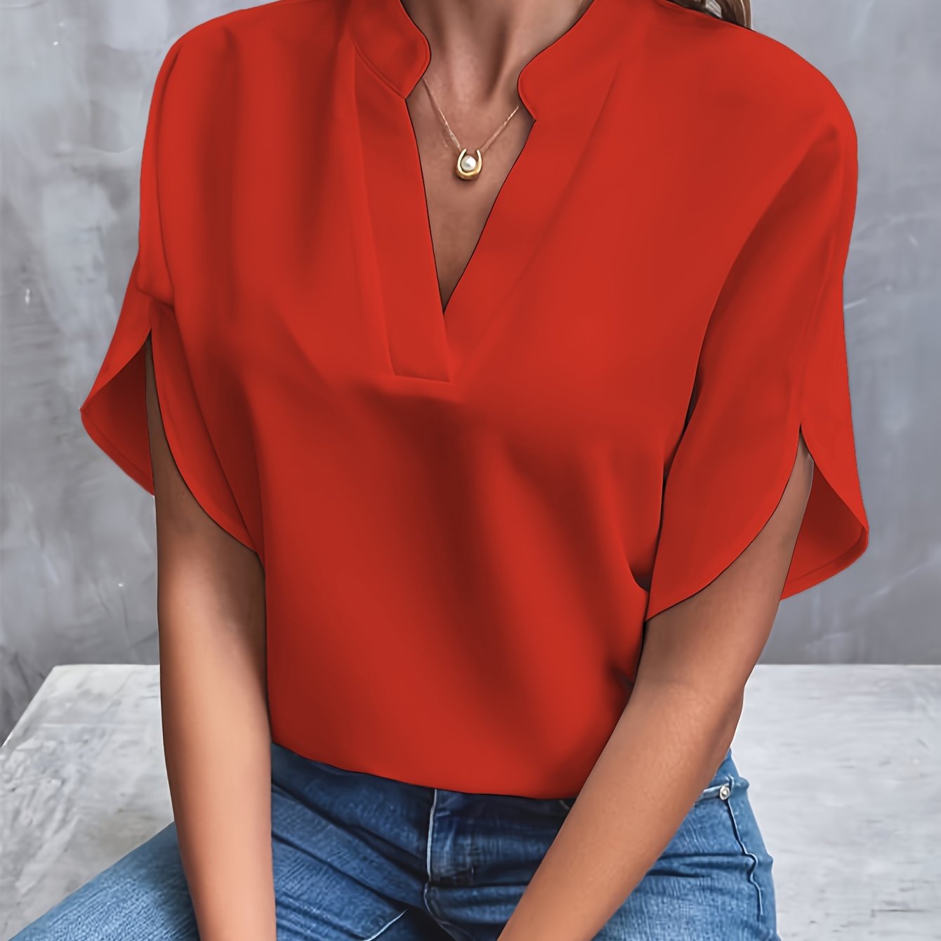 Breathable Linen Blouse with Tulip Sleeves and Notch Neckline