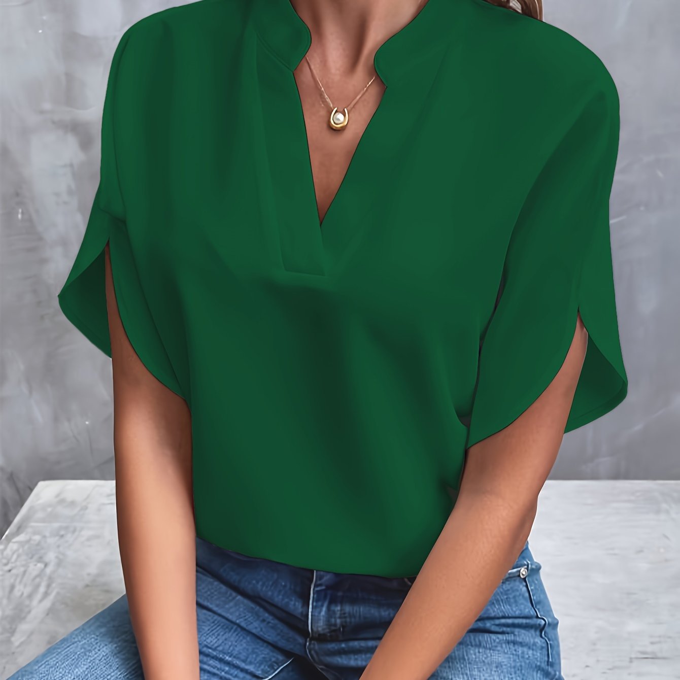 Breathable Linen Blouse with Tulip Sleeves and Notch Neckline
