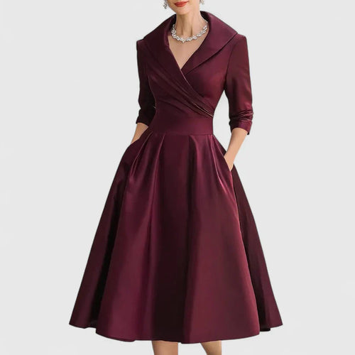 A-Line Midi Dress with Structured Waist and V-Neck, Mid-Calf Length Femme Boutique California A-Line Midi Dress with Structured Waist and V-Neck, Mid-Calf Length Femme Boutique California