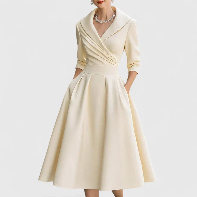 A-Line Midi Dress with Structured Waist and V-Neck, Mid-Calf Length Femme Boutique California A-Line Midi Dress with Structured Waist and V-Neck, Mid-Calf Length Femme Boutique California