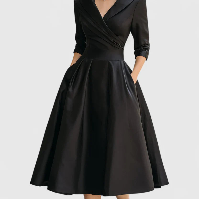 A-Line Midi Dress with Structured Waist and V-Neck, Mid-Calf Length