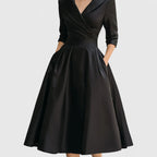 A-Line Midi Dress with Structured Waist and V-Neck, Mid-Calf Length