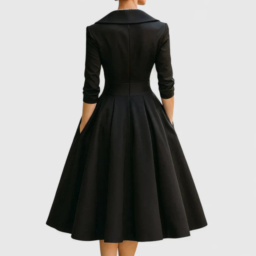 A-Line Midi Dress with Structured Waist and V-Neck, Mid-Calf Length Femme Boutique California A-Line Midi Dress with Structured Waist and V-Neck, Mid-Calf Length Femme Boutique California