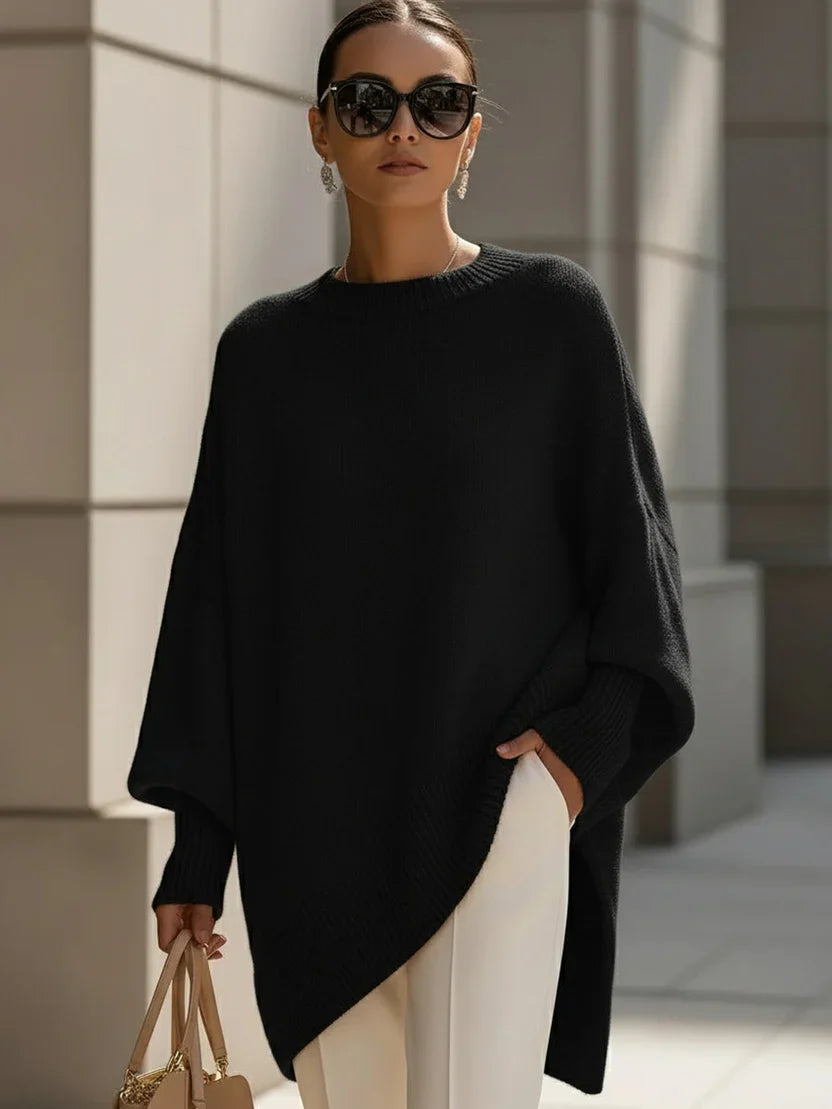 Oversized Sweater for Women with Rounded Neckline and Ribbed Hem, Midweight Stretch