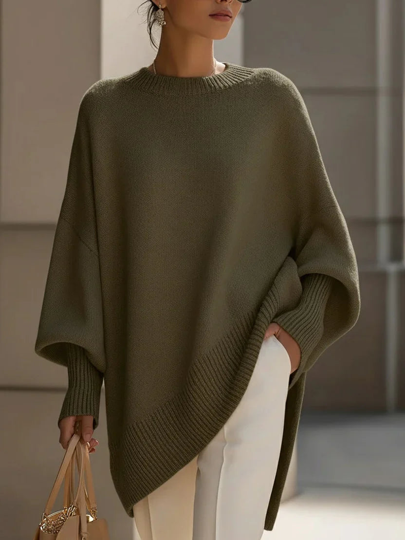 Oversized Sweater for Women with Rounded Neckline and Ribbed Hem, Midweight Stretch