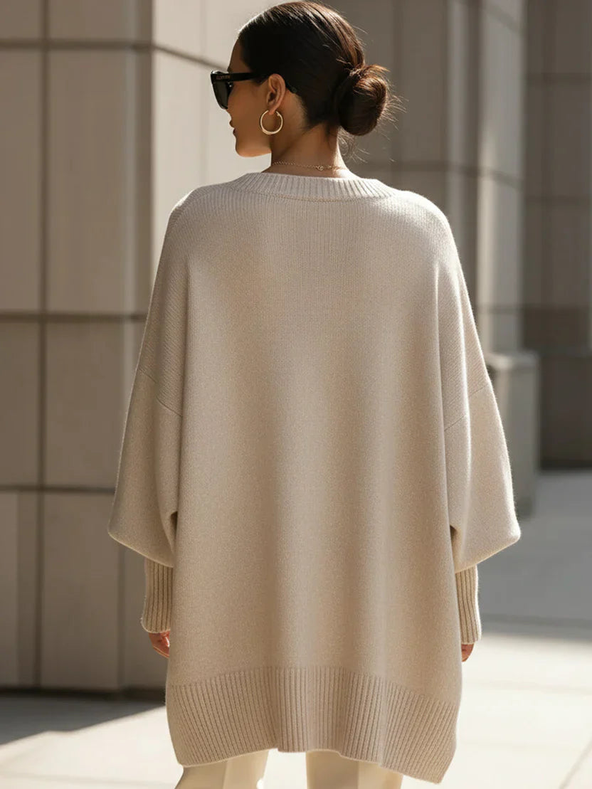 Oversized Sweater for Women with Rounded Neckline and Ribbed Hem, Midweight Stretch