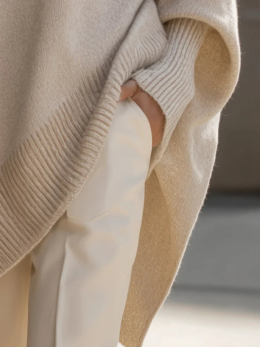 Oversized Sweater for Women with Rounded Neckline and Ribbed Hem, Midweight Stretch