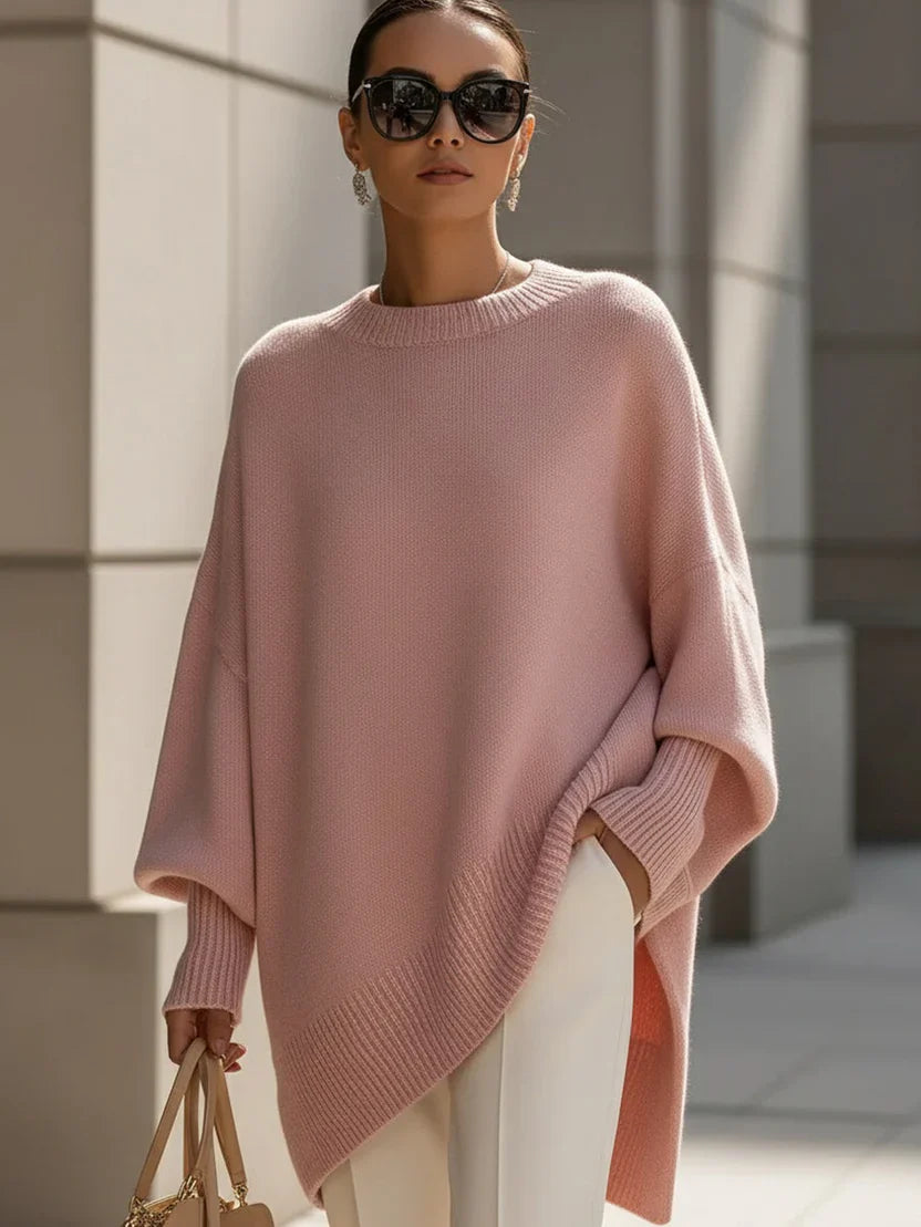 Oversized Sweater for Women with Rounded Neckline and Ribbed Hem, Midweight Stretch
