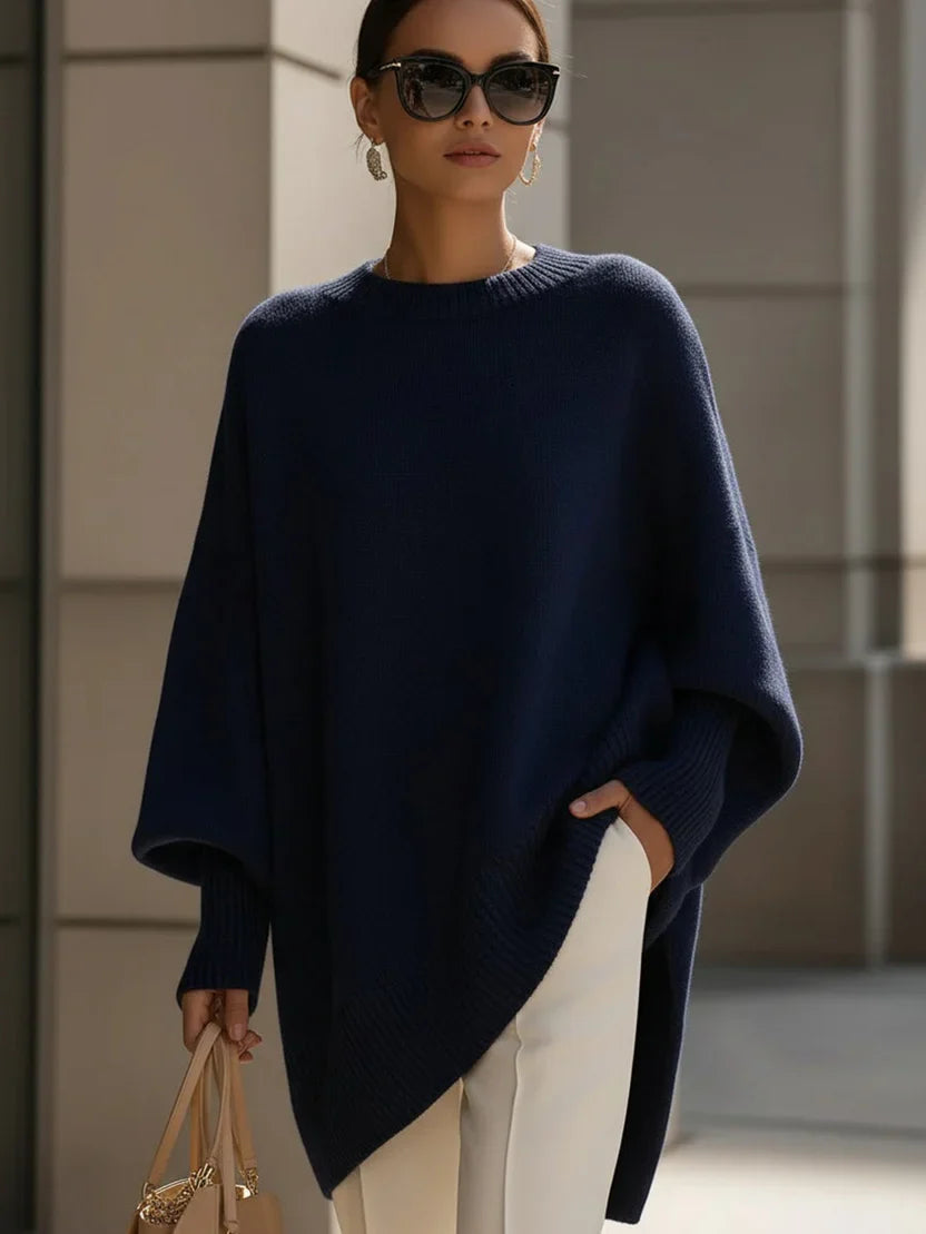 Oversized Sweater for Women with Rounded Neckline and Ribbed Hem, Midweight Stretch