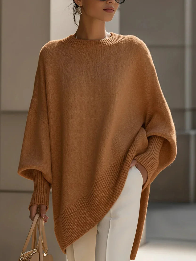 Oversized Sweater for Women with Rounded Neckline and Ribbed Hem, Midweight Stretch