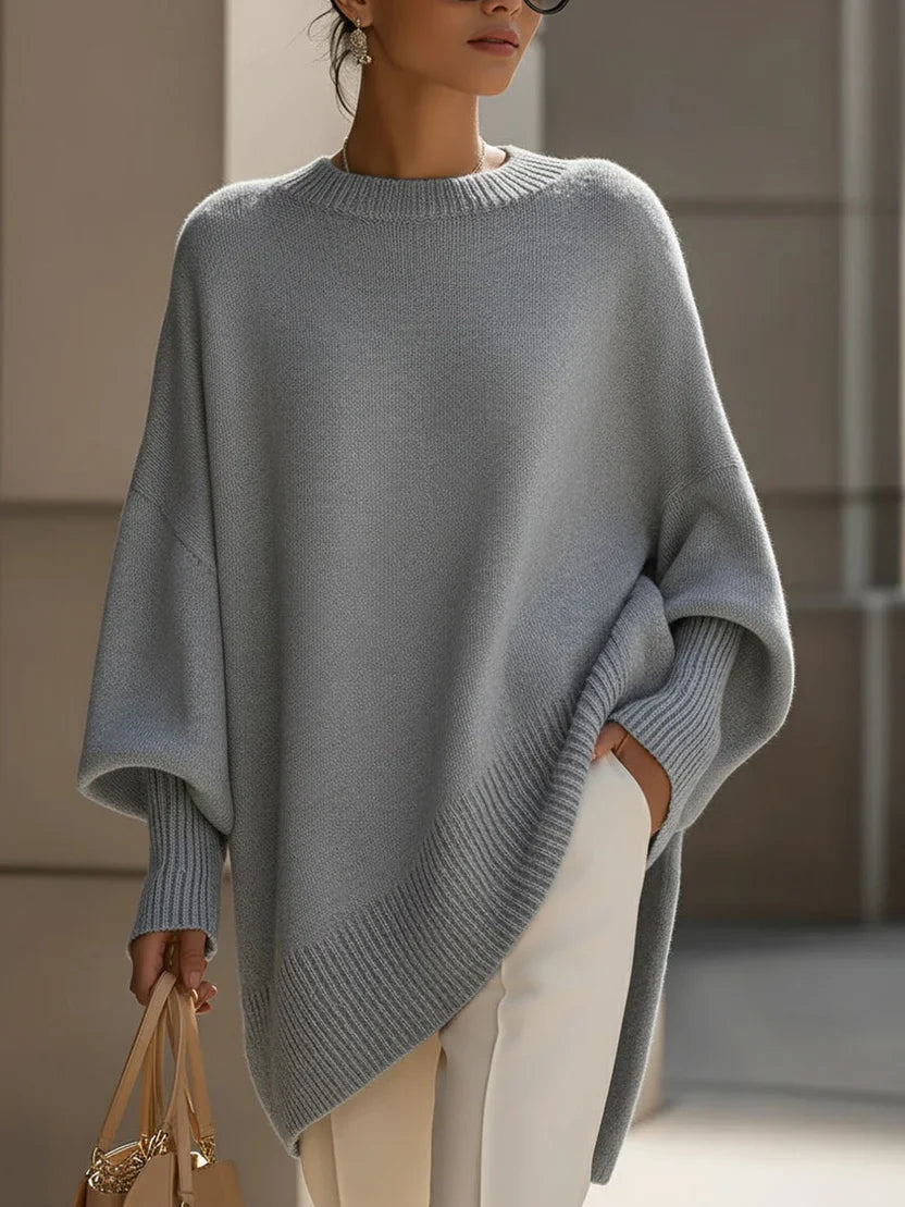 Oversized Sweater for Women with Rounded Neckline and Ribbed Hem, Midweight Stretch