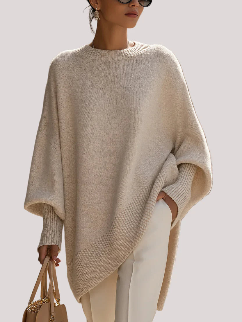 Oversized Sweater for Women with Rounded Neckline and Ribbed Hem, Midweight Stretch