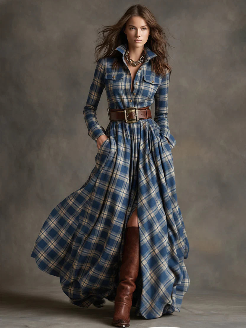 Plaid Maxi Shirt Dress with Front Button Closure and Fitted Bodice, Soft Woven Fabric