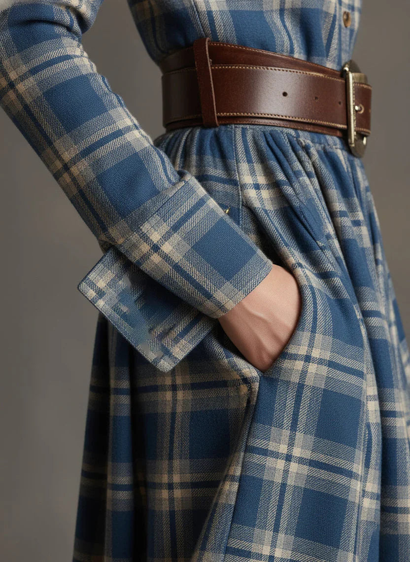 Plaid Maxi Shirt Dress with Front Button Closure and Fitted Bodice, Soft Woven Fabric