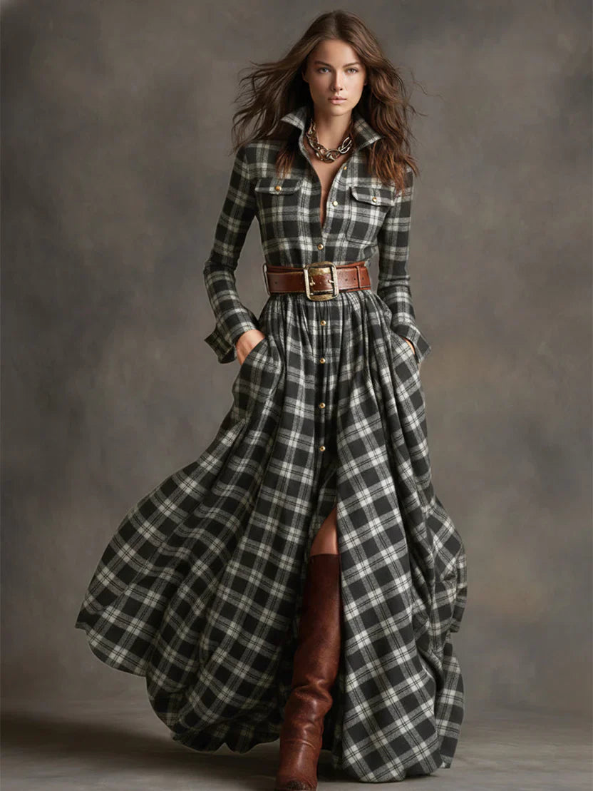 Plaid Maxi Shirt Dress with Front Button Closure and Fitted Bodice, Soft Woven Fabric