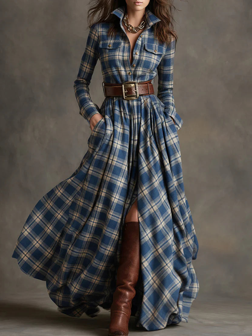 Plaid Maxi Shirt Dress with Front Button Closure and Fitted Bodice, Soft Woven Fabric