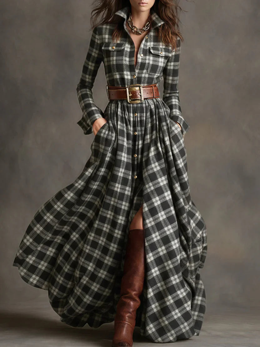 Plaid Maxi Shirt Dress with Front Button Closure and Fitted Bodice, Soft Woven Fabric