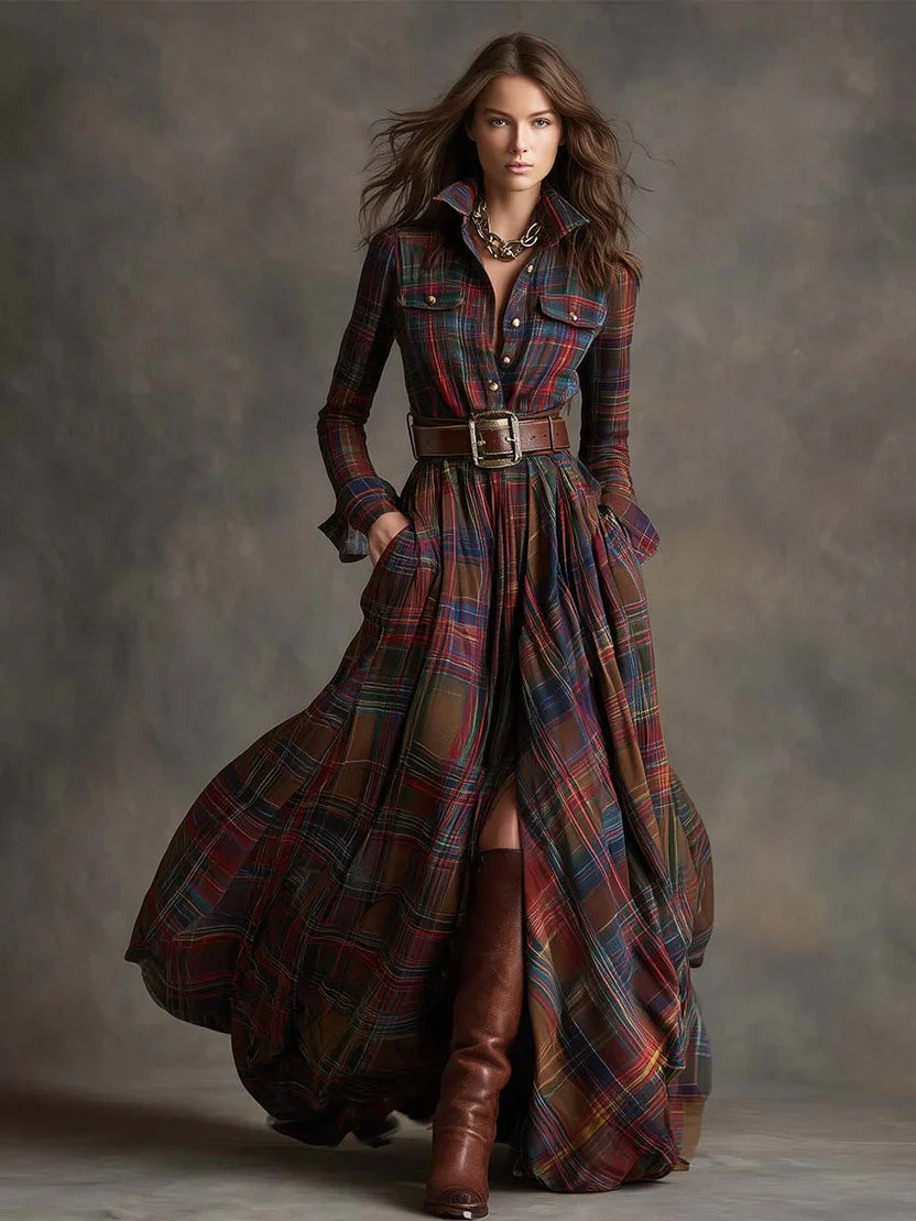Plaid Maxi Shirt Dress with Front Button Closure and Fitted Bodice, Soft Woven Fabric