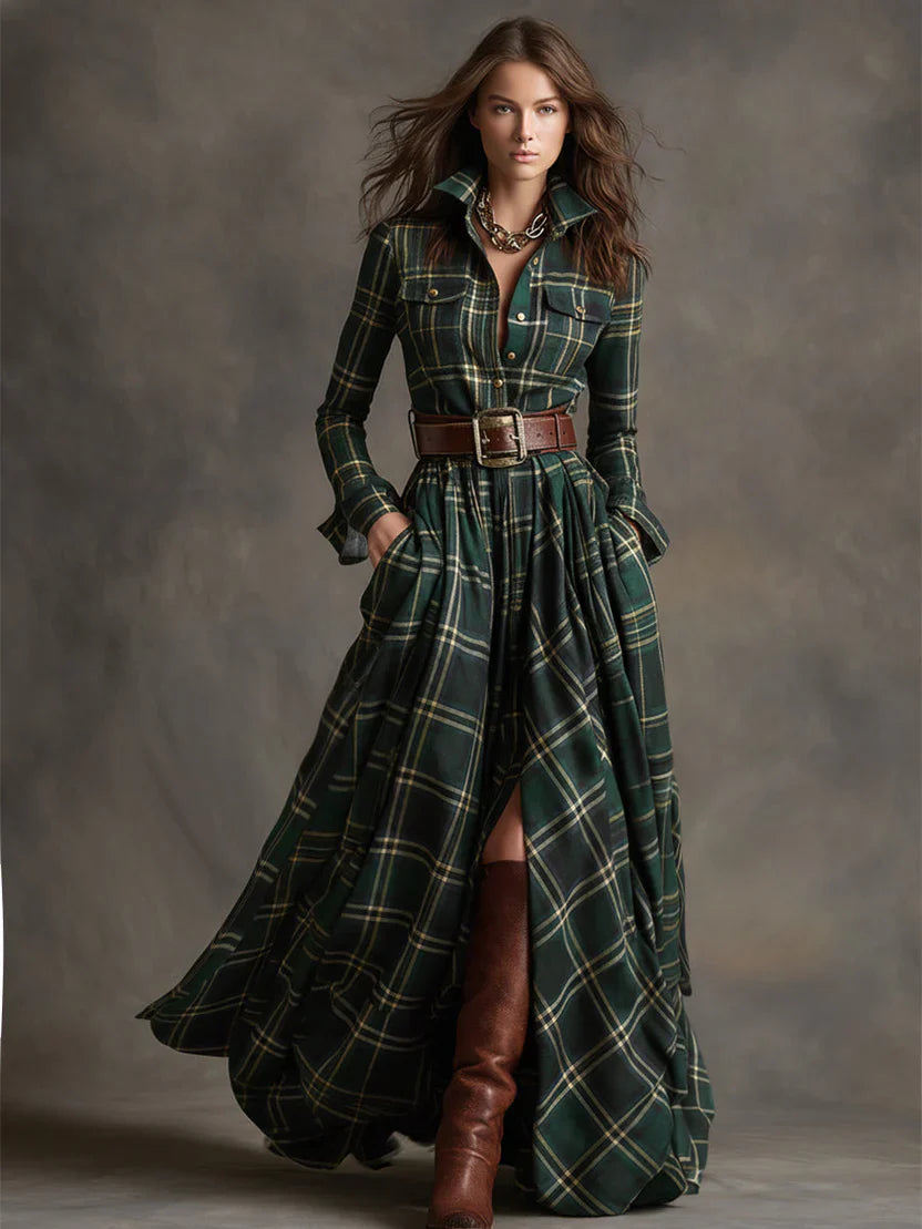 Plaid Maxi Shirt Dress with Front Button Closure and Fitted Bodice, Soft Woven Fabric