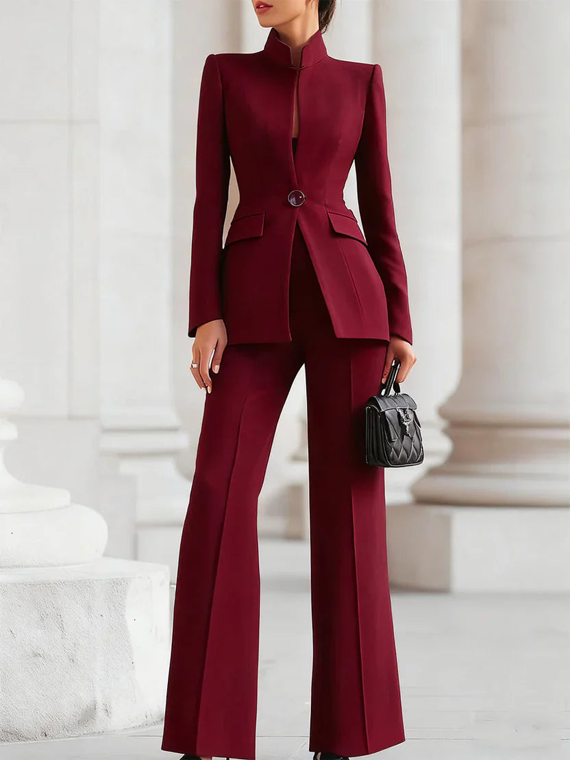 Women's Suit Set with Flared Trousers and Longline Blazer, Structured Woven Blend