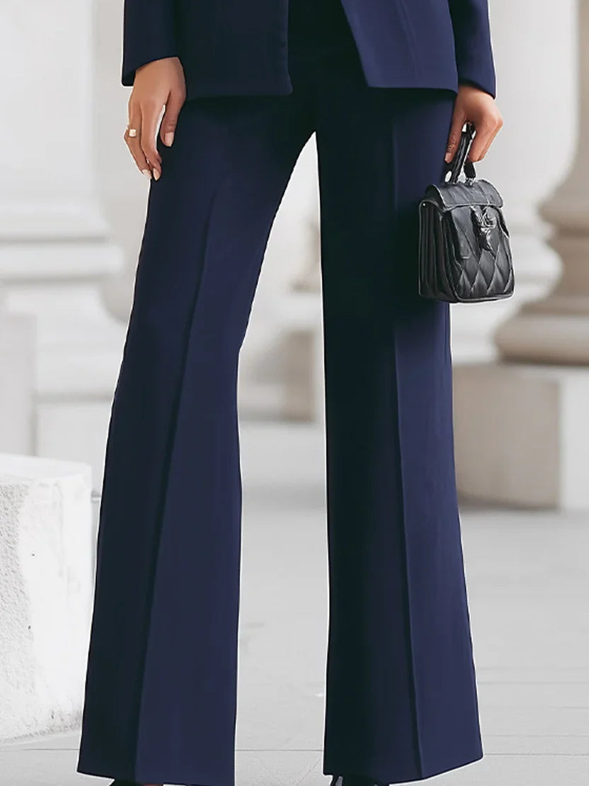 Women's Suit Set with Flared Trousers and Longline Blazer, Structured Woven Blend