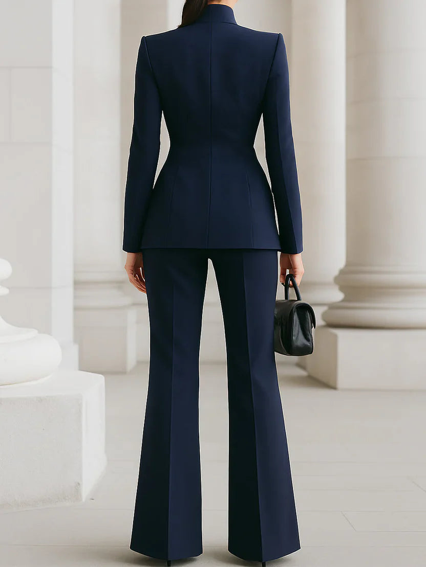 Women's Suit Set with Flared Trousers and Longline Blazer, Structured Woven Blend