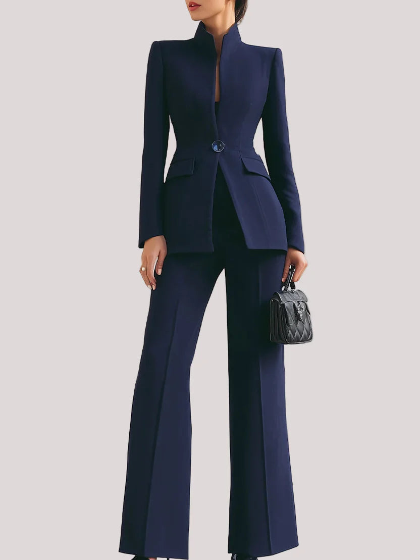Women's Suit Set with Flared Trousers and Longline Blazer, Structured Woven Blend