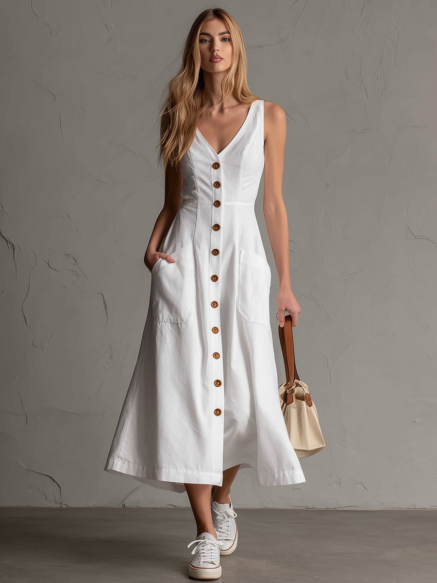 Cotton Linen Midi Dress with Button-Front and V-Neck, Sleeveless Side Pockets