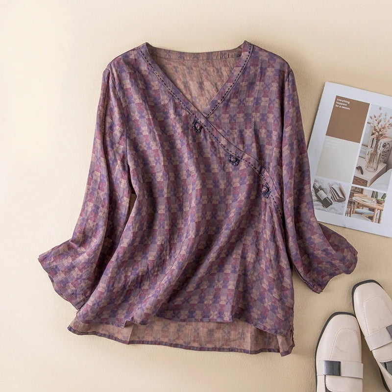 Embroidered Button Front Blouse with Convertible Roll-Up Sleeves and Relaxed Drape
