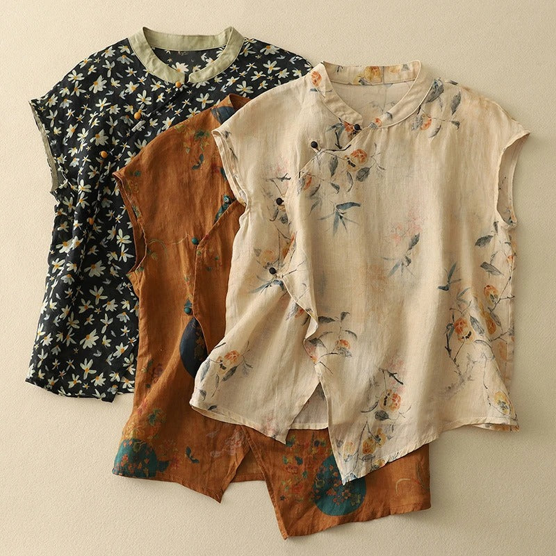 Sleeveless Floral Top with Mandarin Collar and Diagonal Button Closure