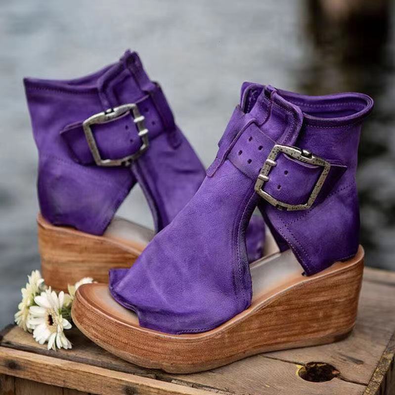 Wedge Sandals with Adjustable Buckle and Contoured Footbed, Woven Boho Straps
