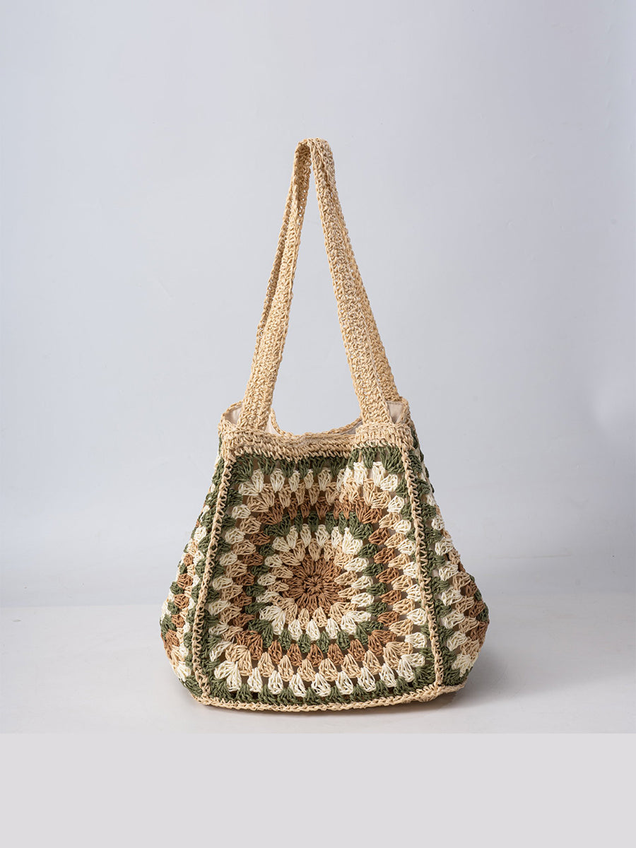 Woven Shoulder Bag with Magnetic Buckle and Adjustable Strap, Large Capacity